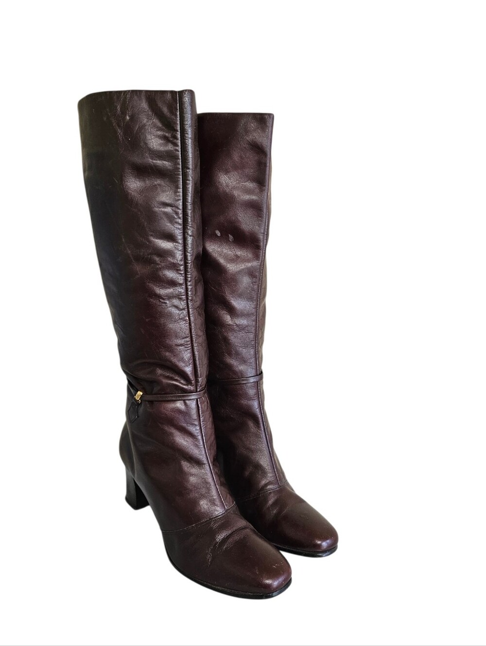 70s Vintage Knee High Zipper Boots Burgundy Leather 7.5
